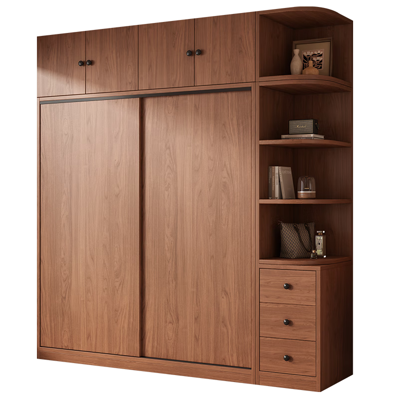 Huixun Free Installation Wardrobe Bedroom Wooden Furniture Sliding Door Walnut Color Home Storage Wardrobe Cabinet 140*200*50 Main Cabinet