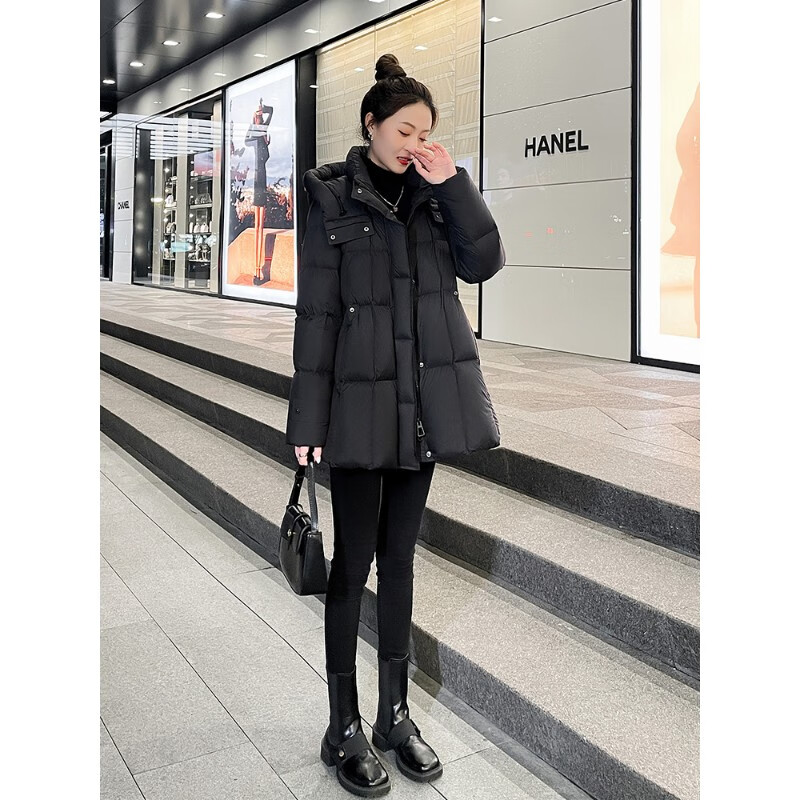 Snow Flying (SNOWFLYING) women's down jacket winter 2025 new style this year's popular mid-length 90 white duck down waist slimming jacket Extreme cold down jacket for women 2025 latest black S Jiaxing Pinghu down jacket for women (90) 85-120 catties