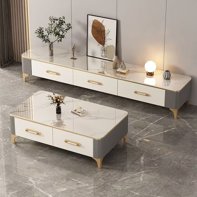 Tuorun high-leg slate coffee table TV cabinet combination set coffee table living room small apartment coffee table light luxury high-end 2025 snow mountain white slate + golden bracket 1.6 meters three-drawer TV cabinet