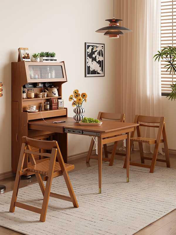 Xiao Mu Wu small apartment retro style movable folding retractable solid wood dining table and sideboard integrated solid wood dining table and chair combination single dining table
