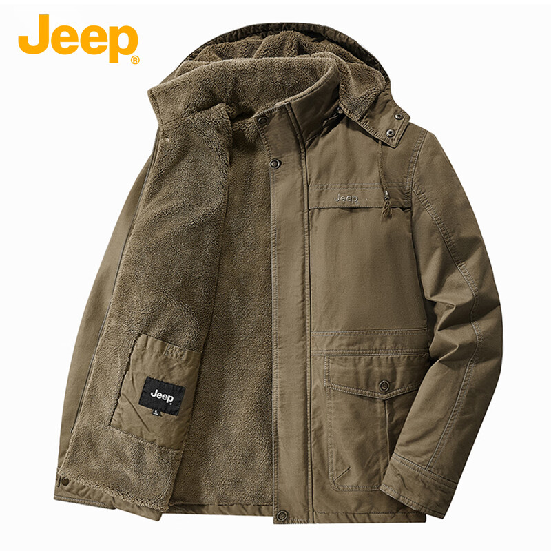 JEEP Men's Hooded Stand Collar New Cotton Clothes Autumn and Winter Versatile Plus Velvet Thickened Casual Loose Retro Handsome Commuting Jacket