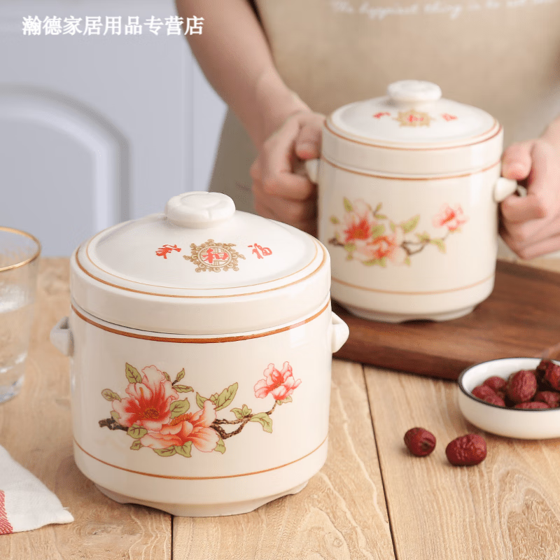Jingle food-grade stew pot, old-fashioned family-sized steam soup pot, stew pot, ceramic double ears and double lid, household soup and ginseng cup, Jiahefu (600ml for 1 person)
