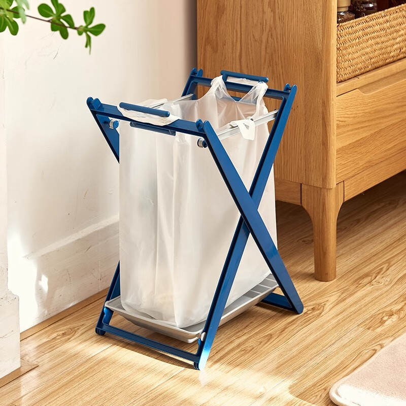 Japan imported foldable garbage rack with tray plastic bag storage bracket kitchen portable garbage bag hanger blue 27.9*35.6*29.2 cm