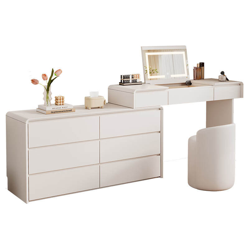 Shuchuan Cream Style Dressing Table Flip Drawer Cabinet Integrated Dressing Table Bedroom Retractable Bedside Storage Cabinet Solid Wood Dressing Table Cream White Flip Cover Dressing Table + Six Drawer Cabinet + Cat Claw Chair ENF Level Door-to-Door Package Installation