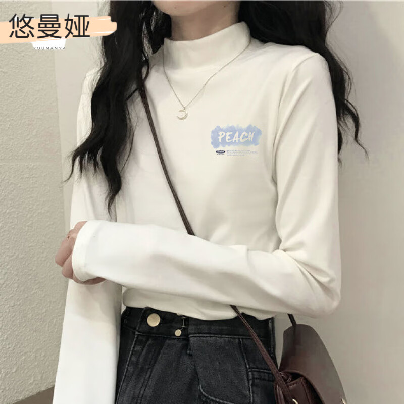 Youmanya de velvet bottoming shirt for female students to wear in autumn and winter half turtleneck t long sleeve t-shirt plus velvet thickened warm clothing autumn coat top de velvet white-294# fuzzy little black cat M 95-110 catties