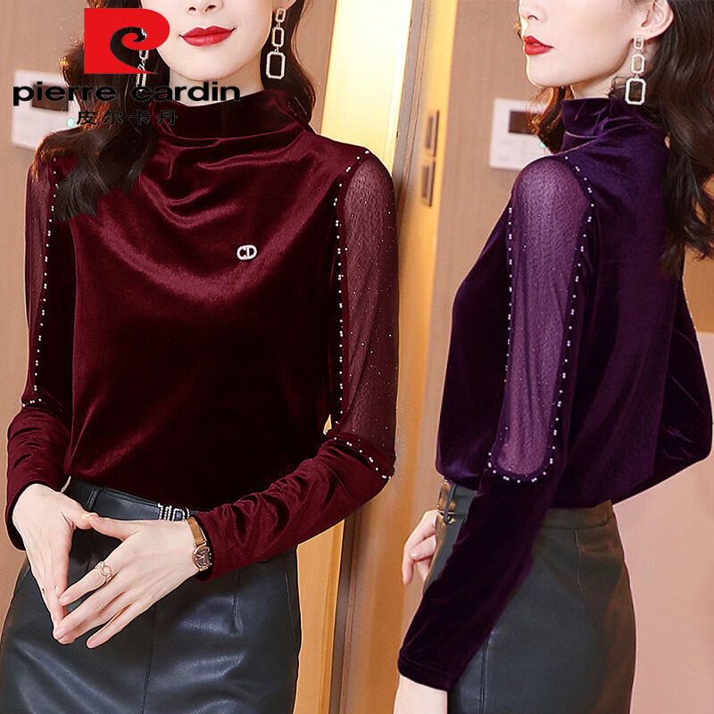 Pierre Cardin 2025 new gold velvet bottoming shirt for women, Korean style half turtleneck beaded long-sleeved T-shirt, versatile in autumn and winter, burgundy M, recommended 850-102 catties