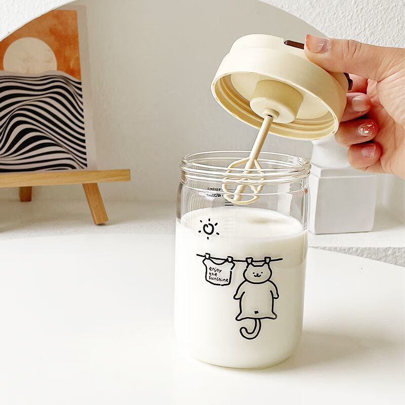 Enshousu mixing cup, high temperature resistant glass cup, fully automatic soy milk and milk powder mixing, portable handle cover, coffee brewing cup, Knowledge Meow 450ml line cat mixing cup