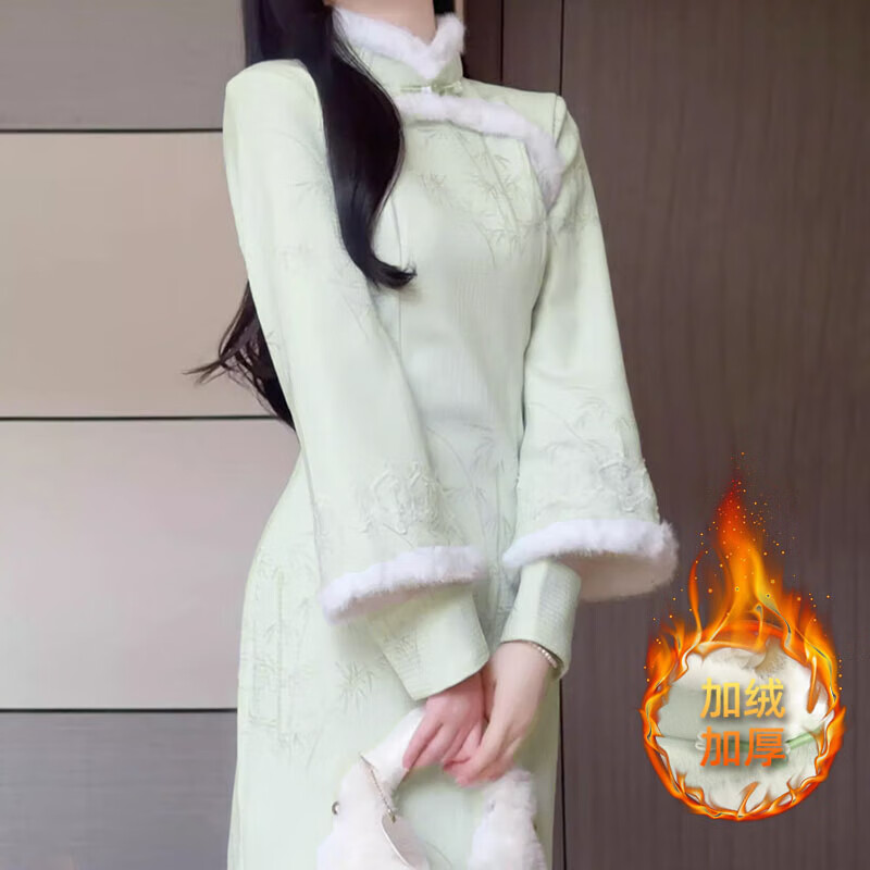 Green plush collar, ladylike style with inverted large sleeves, improved cheongsam for girls, retro Republic of China style dress that can be worn daily, green S (85-95 pounds)
