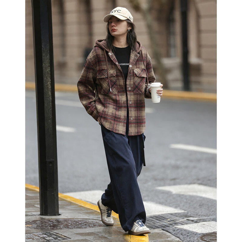 Demana sheep wool plus velvet warm winter retro millennium hooded plaid loose adjustable drawstring women's jacket