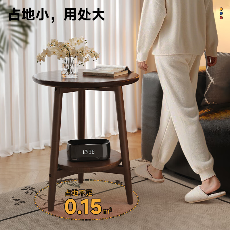 Solid wood small round table coffee table living room household small side table balcony small tea table bedroom bedside table small sofa side table rubber wood imported from Thailand walnut color 40cm