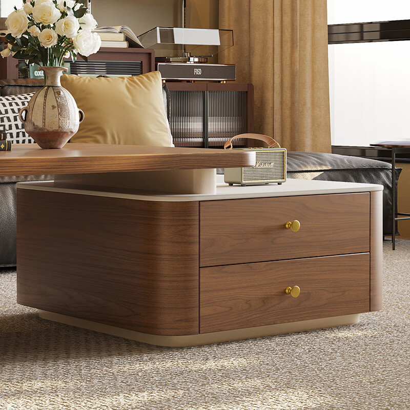 Zuo Kezuo's ancient style coffee table combination living room household small apartment 2025 new simple high-end storage floor-standing telescopic tea table telescopic double-layer square cabinet solid wood coffee table combination