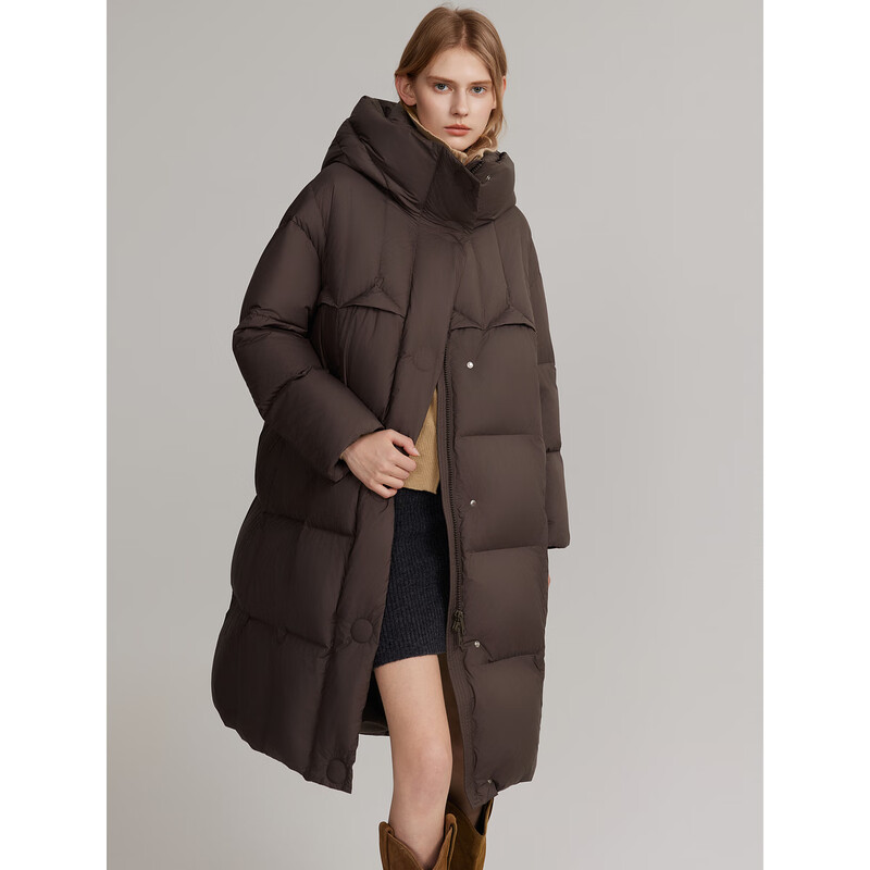 ELLE90 white duck down long hooded down jacket for women 2025 winter new year new year simple long thickened warm jacket medium gray M