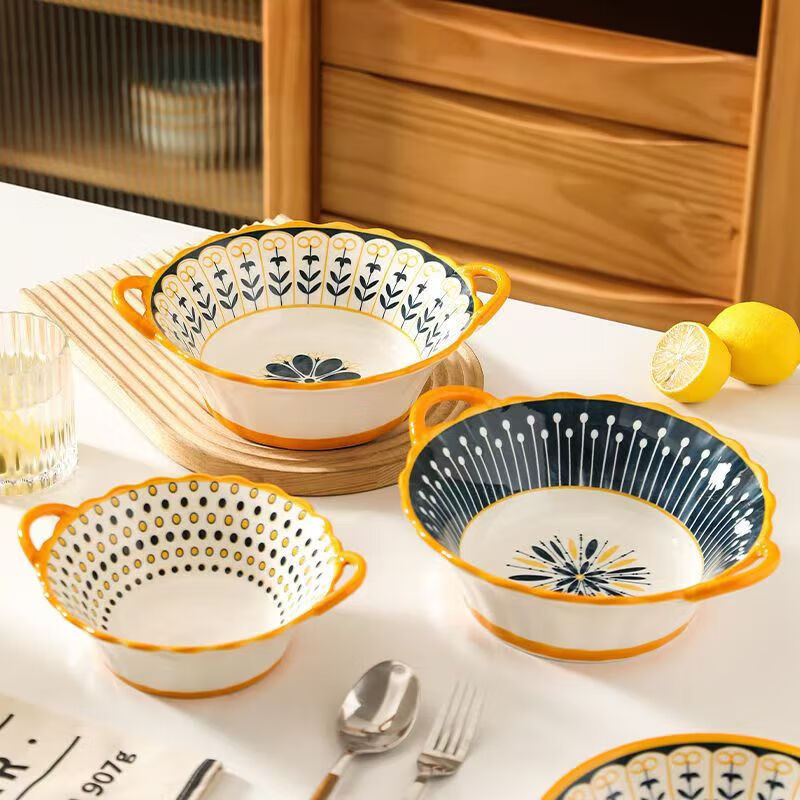 Nordic ceramic bowl rice bowl large bowl thickened household plate ins style high-looking anti-scalding plate and bowl set tableware 7.5-inch double-eared bowl + spoon good luck and colorful