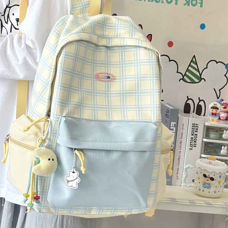 Yookdd (yookdd) schoolbag junior high school girl high-looking plaid school backpack Japanese style ins style high school student backpack blue and yellow plaid schoolbag with pendant