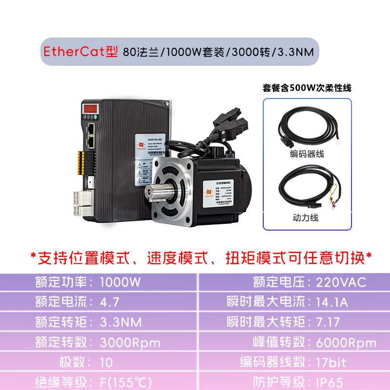 Yue Changsheng 1000W set 80 flange 3.3NM AC servo motor drive controller set high performance programmable orange SVD750-RS-pulse +485 3M80SS3330A (brake)