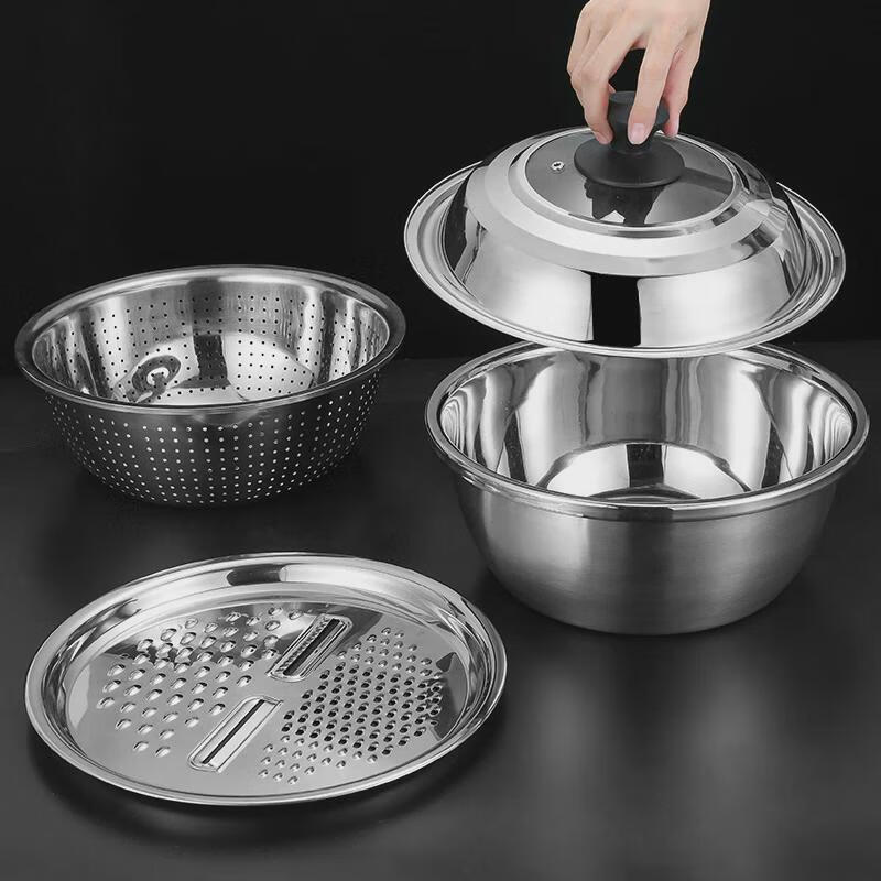 He Jiagong stainless steel basin set kitchen household thickened egg and noodles washing vegetable drain basket leaking soup basin 2 30 planing plate + thick basin
