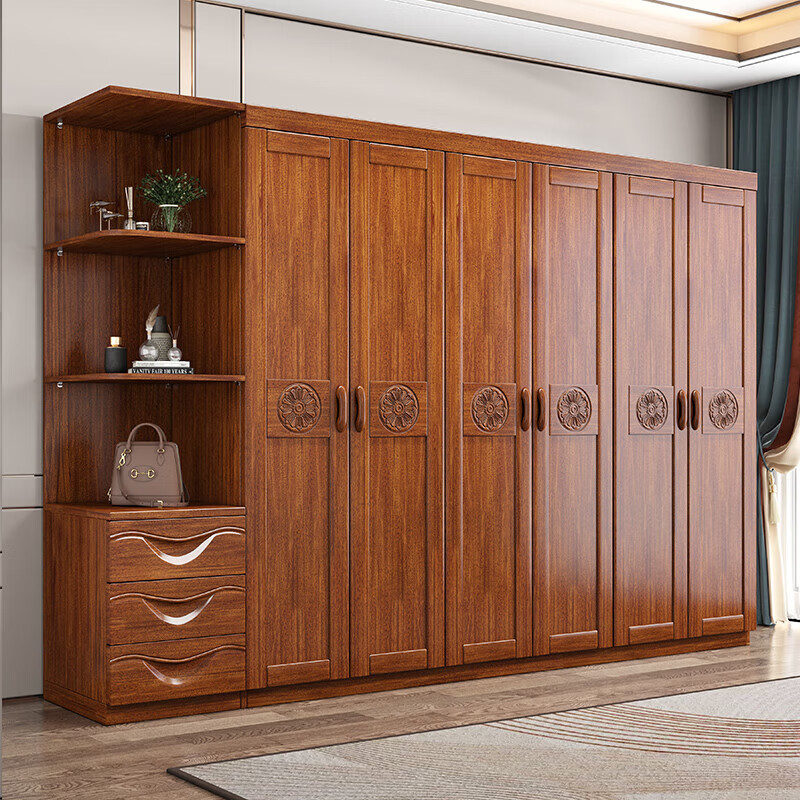 Nanyi wardrobe golden rosewood solid wood wardrobe Chinese style household cabinet multi-layer storage large capacity storage cabinet 8631 six doors + top cabinet + drawer side cabinet golden rosewood
