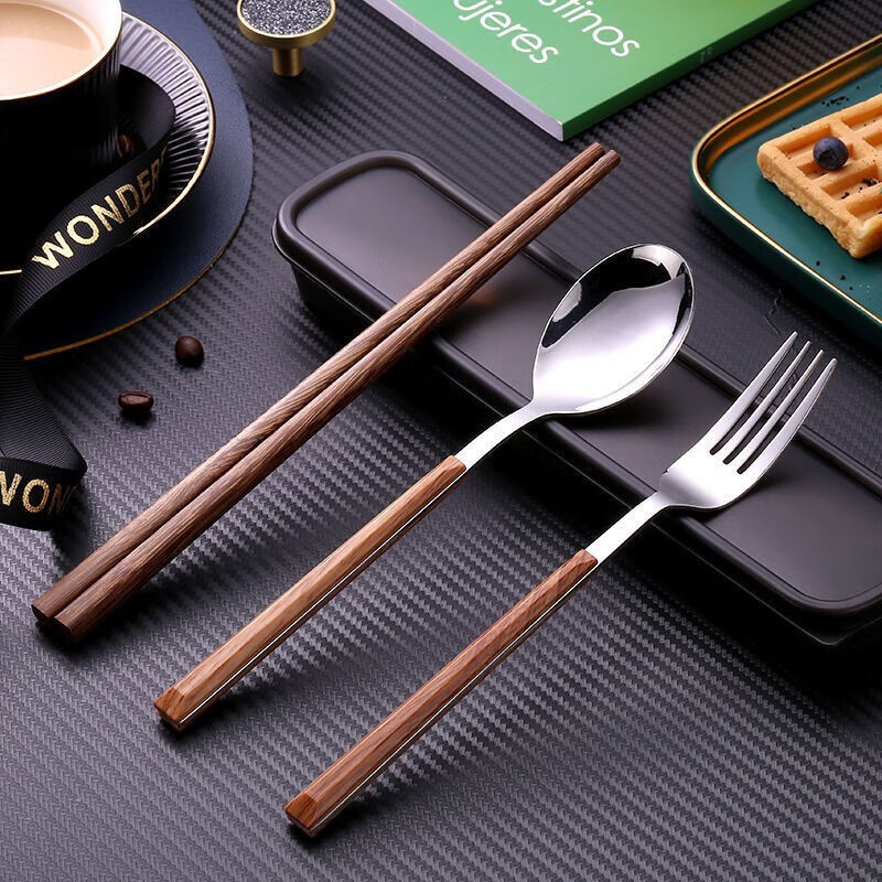 MaiYaYa portable tableware set stainless steel wooden chopsticks spoon fork three-piece set student children's tableware travel box portable tableware-silver chopsticks-fork-spoon-box