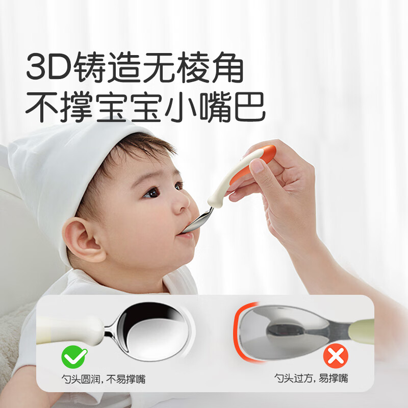 Shixi children's stainless steel fork and spoon baby training spoon 1 year old independent eating spoon Yuanbao spoon children's tableware tropical orange