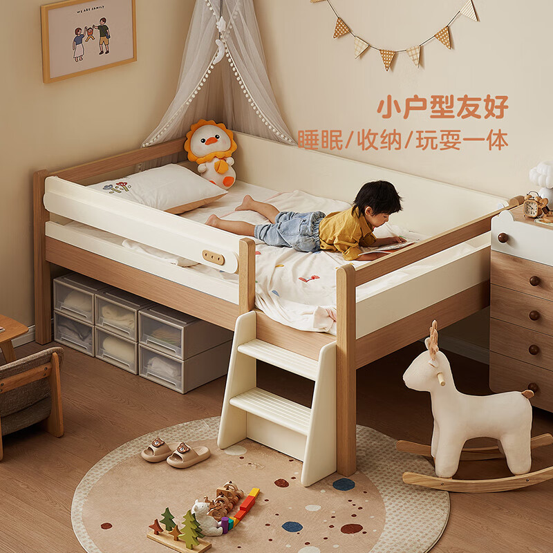 Quanyou Home Furnishing Log style children's high fence half-height bed under the apartment type boy and girl single bed second bedroom student bed