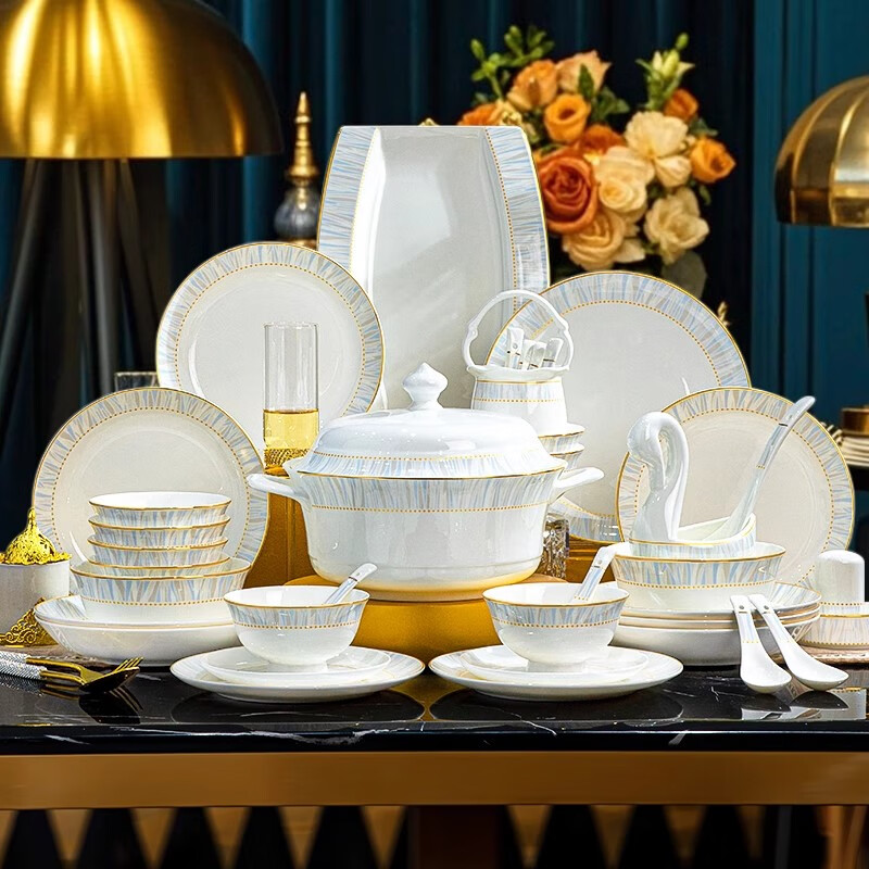 Ruxi Jingdezhen bowl set household 2025 new high-looking ceramic tableware complete set of bowls, plates and chopsticks as a housewarming gift Frozen 4-person soup bowl configuration 24-piece set