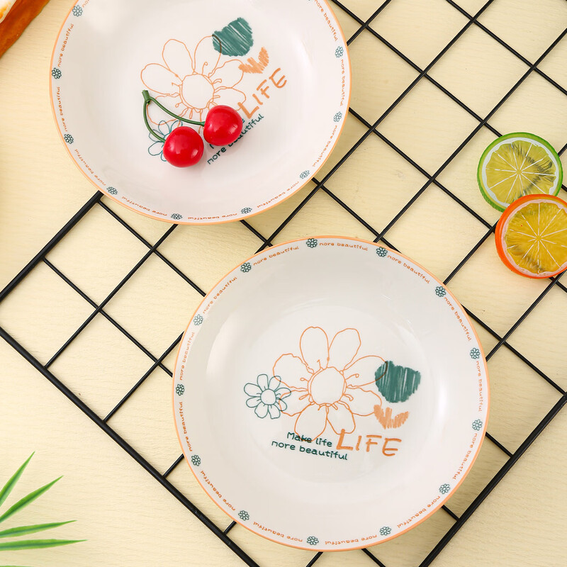 Household ceramic plate dish plate round plate ceramic simple style underglaze color simple line flower 7-inch breakfast plate 7-inch breakfast plate 2 pack