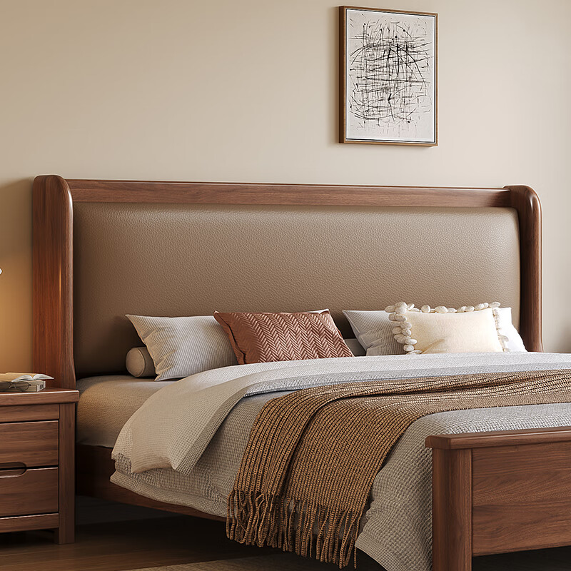 Foreign walnut solid wood bed double bed new Chinese style master bedroom large bed light luxury soft package home wedding bed 508 bed