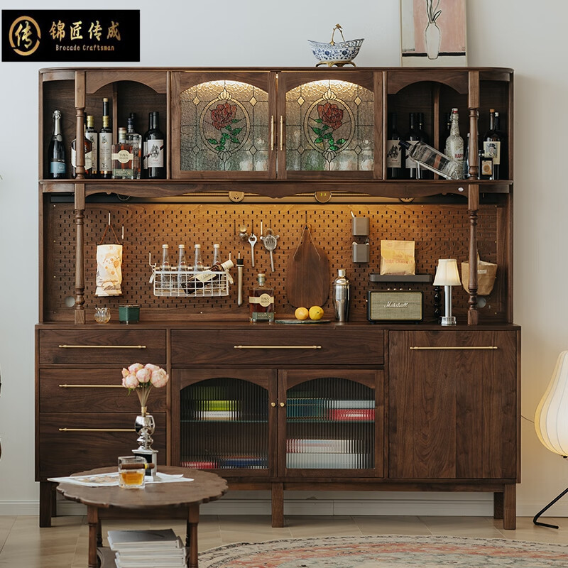 Jinjiang Chuancheng North American black walnut sideboard all solid wood retro living room dining room storage cabinet one-piece wall-mounted household cupboard sideboard 150*45*200cm