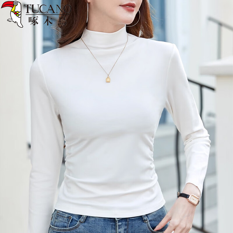Woodpecker pure cotton long-sleeved T-shirt bottoming shirt for women spring and autumn solid color versatile half turtleneck slim inner top for women white L