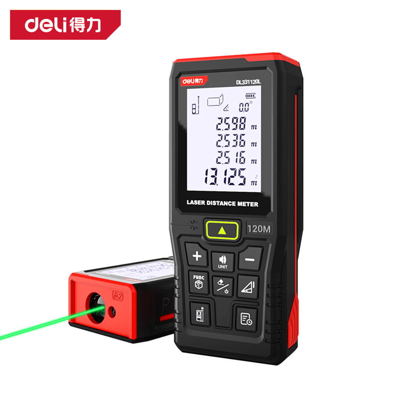 Deli Green Light Outdoor Laser Distance Meter High Precision Infrared Outdoor Electronic Ruler Strong Light Handheld Measurement Ruler DL331120L Green Light Distance Meter 120m