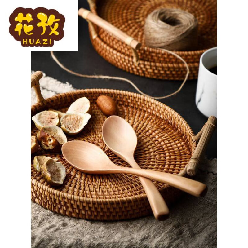 Rattan coasters, rattan trays, Japanese woven bread baskets, candy and fruit baskets, handmade bamboo woven plates, steamed bun baskets, home snack trays, rattan coasters, solid wood handles, XL size, default