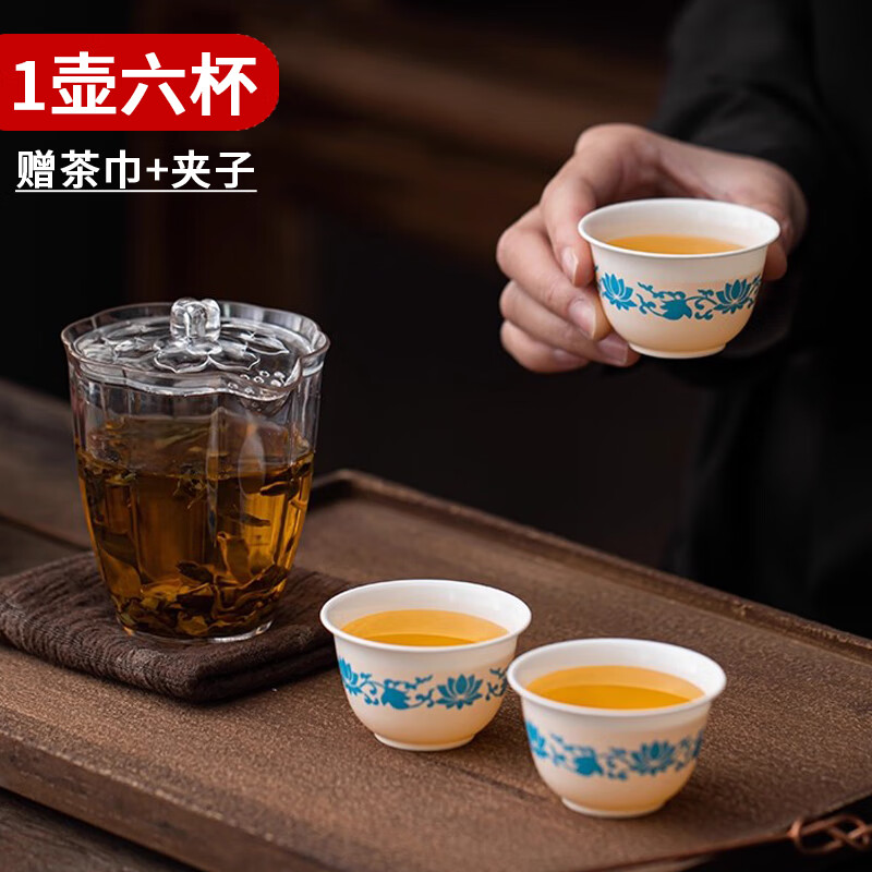 Yu Boyan 6 blue and white disposable kung fu tea cups 60ml tea cup, personal small tea cup with storage cup 6 blue and white tea cups + transparent pot + tea towel + clip