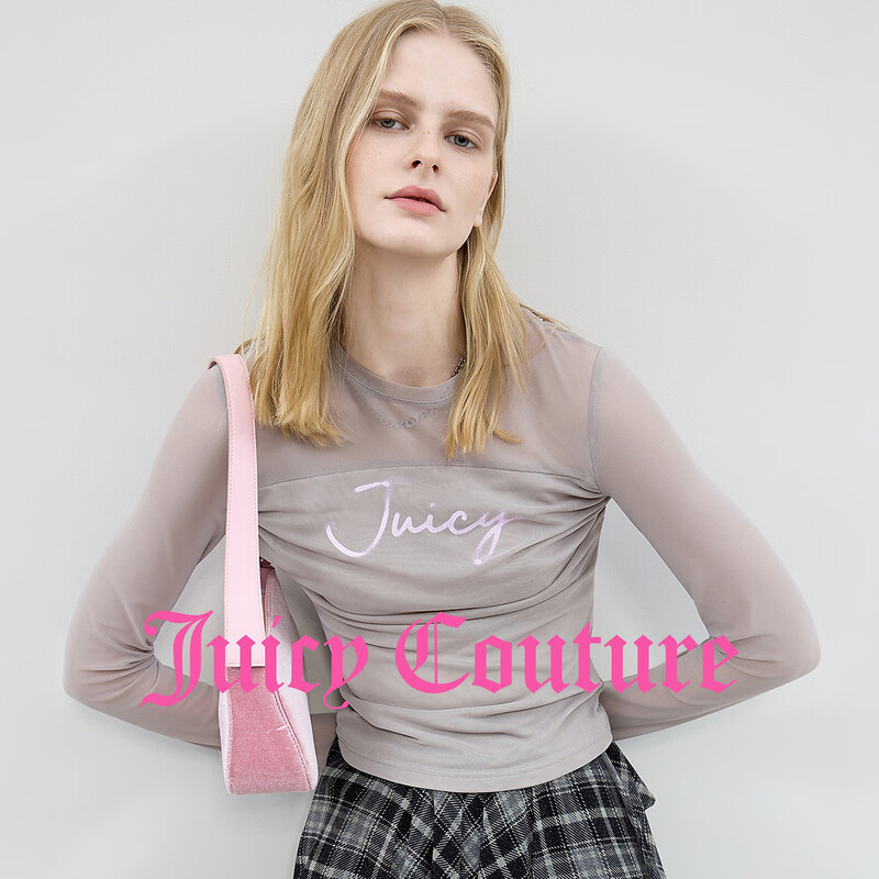 Juicy Couture T-shirt Women's 2025 Autumn and Winter New Dopamine Mesh Pink Long-Sleeved Top Gray L