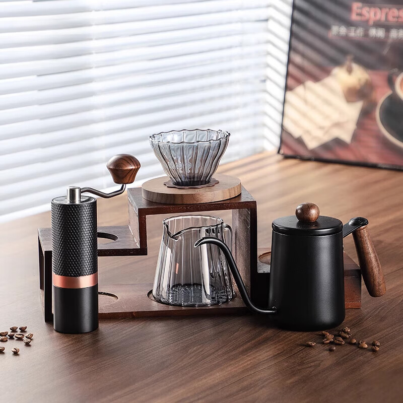 Shantou Lincun hand-brewed coffee pot set hand-ground coffee machine hand-cranked storage stand wooden coffee hand-brewed pot complete set Chinese Valentine's Day coffee hand-brewed storage rack