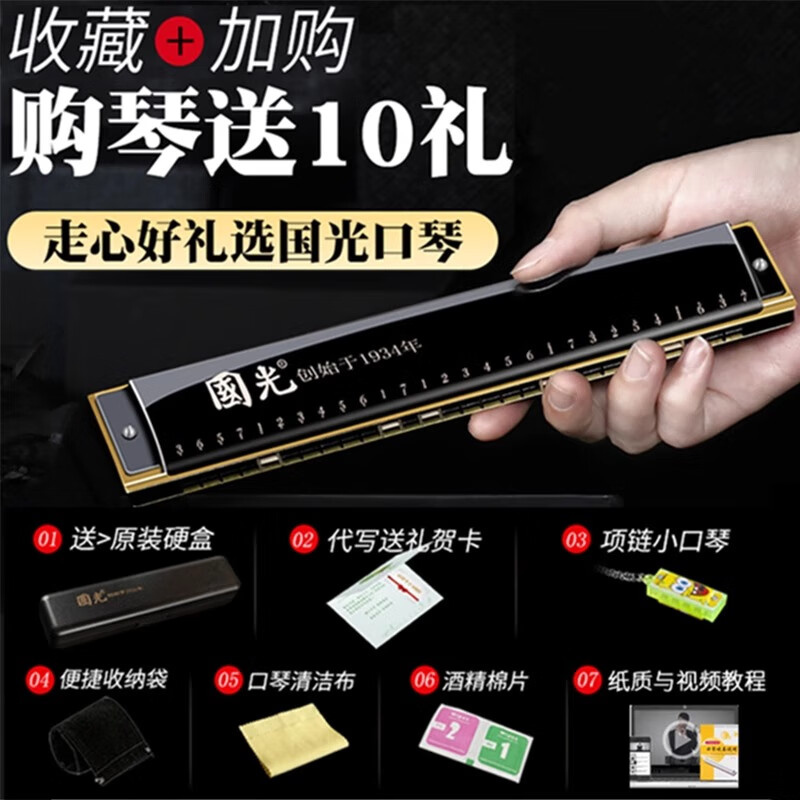 Guoguang harmonica professional performance level 28-hole accented German imported gongs 24-hole polyphonic C key beginners entry lettering 24-hole polyphonic silver + learning materials with phonetic symbols