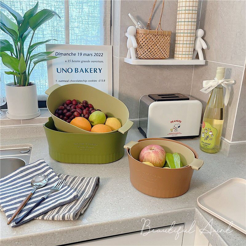 Mingyu thickened double-layer drain basket kitchen vegetable basket fruit basket bowl fruit plate vegetable basin fruit basin home living room coffee table new ins style high-looking multi-functional drain basket matcha green large size 2 pieces 4-piece set