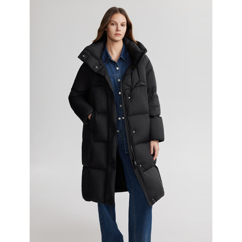 ELLE90 white duck down long hooded down jacket for women 2025 winter new year new year simple long thickened warm jacket medium gray M