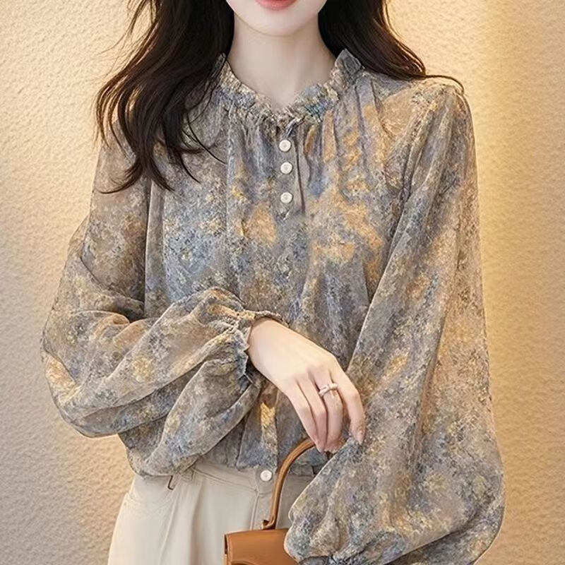 Xia Dian Sudian Queen (SE.PSTP) French Floral Chiffon Top Women's Autumn 2025 New Style Western Unique and Exquisite Long-sleeved Shirt Floral Shirt Version 3XL Recommended to wear 130-140 pounds