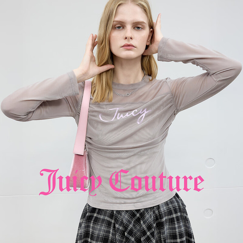 Juicy Couture T-shirt Women's 2025 Autumn and Winter New Dopamine Mesh Pink Long-Sleeved Top Gray L