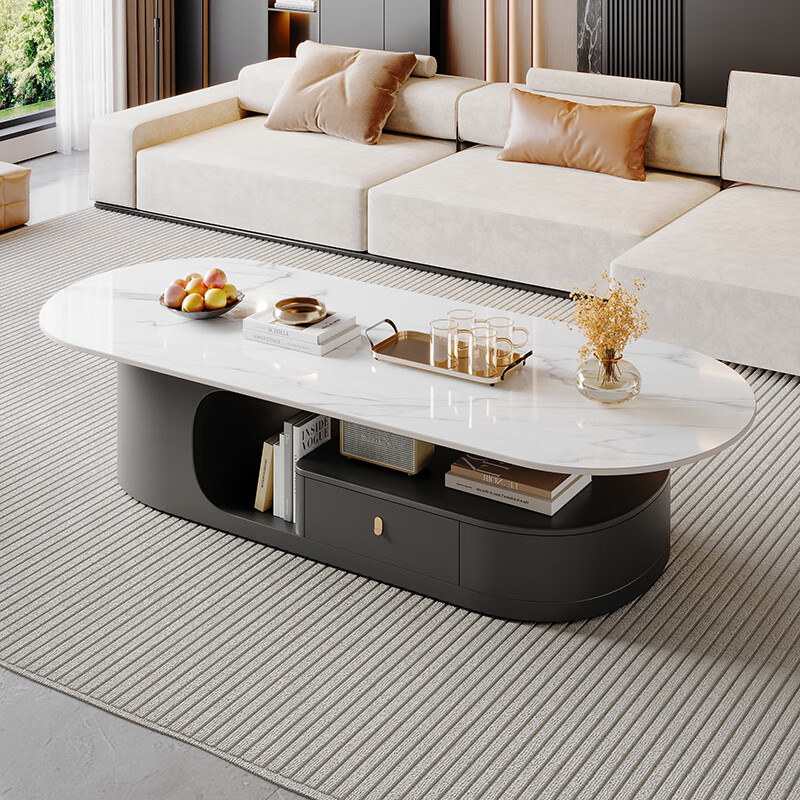 Home Italian simple style slate coffee table small apartment high-end home living room sofa oval coffee table tea table combination Snow Mountain White slate coffee table 120*60*42cm