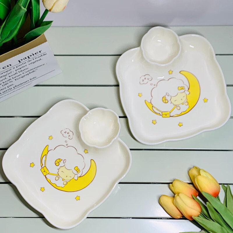 Milk fufu bowl and plate tableware set underglaze color ceramic bowl household ins high-looking plate dinner plate double-eared soup bowl 1 cream lamb lace dumpling plate