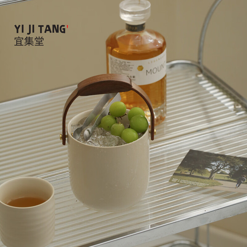 Yijitang summer ice bucket ice cube ceramic high-end ice wine iced whiskey cold brew tea home party bar container Song ice bucket_tweezers_khaki gray