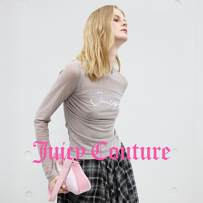 Juicy Couture T-shirt Women's 2025 Autumn and Winter New Dopamine Mesh Pink Long-Sleeved Top Gray L