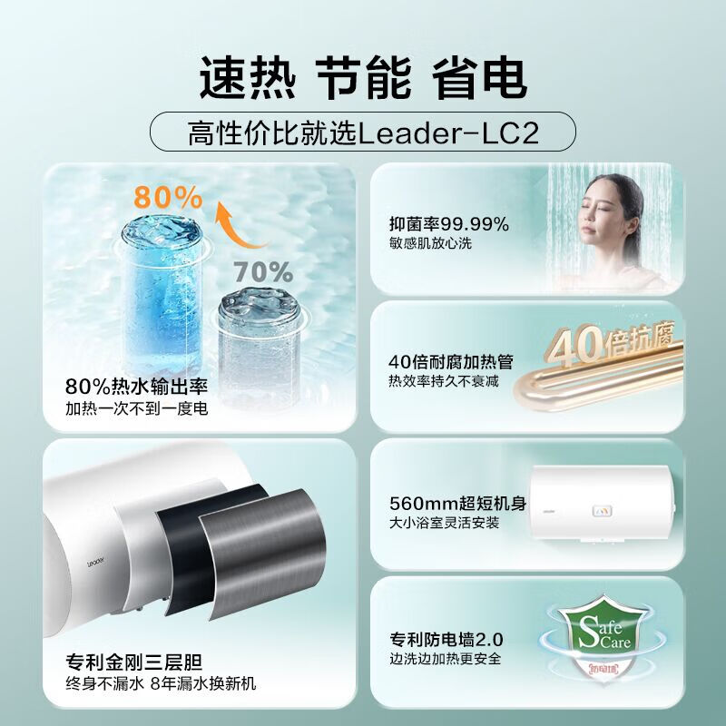 Haier produces Commander 40-liter electric water heater Jingdong self-operated door-to-door installation trade-in 2200W energy-saving fast heating household water storage patented anti-electric wall rental preferred LC2