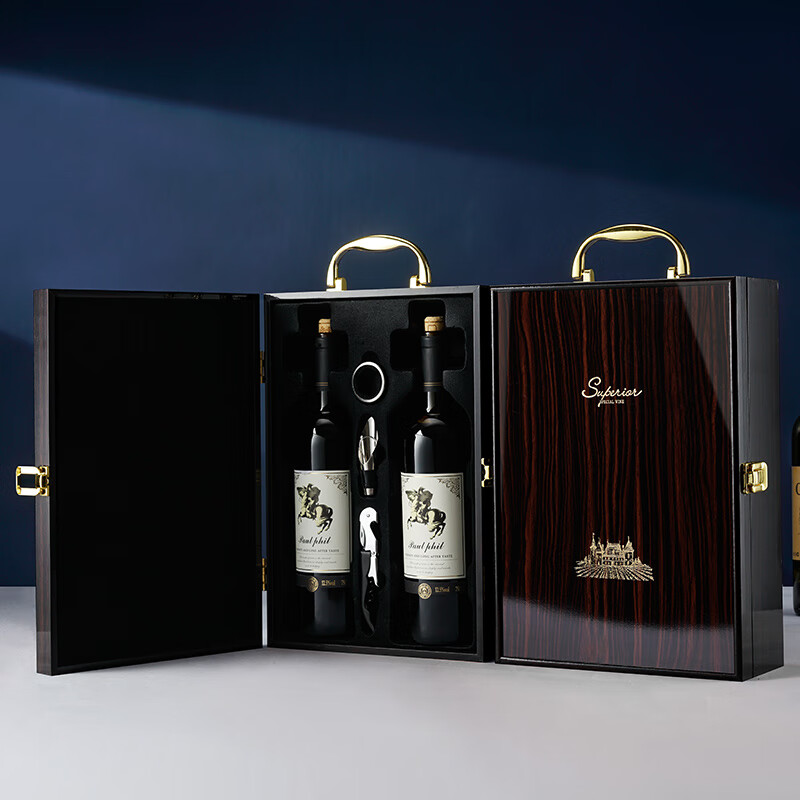 Chuanbao piano paint red wine gift box double packaging box high-end single and double bottles of red wine wooden box 2-pack wine box khaki double box with wine utensils