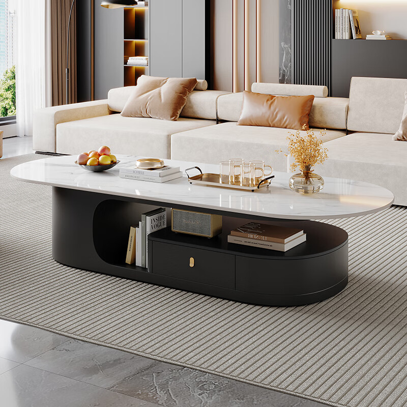 Home Italian simple style slate coffee table small apartment high-end home living room sofa oval coffee table tea table combination Snow Mountain White slate coffee table 120*60*42cm