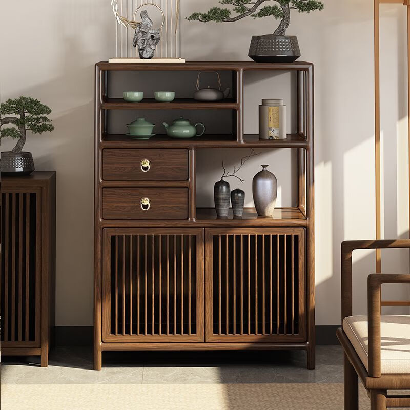 New Chinese style Bogu rack black gold Duobao Pavilion solid wood display cabinet low cabinet tea room side cabinet tea tea cabinet all solid wood tea cabinet 80*35*120 black walnut color
