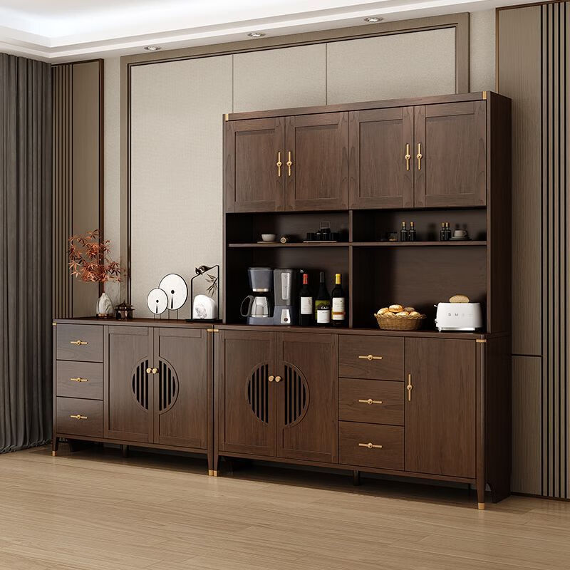 Juwanjia wood solid wood sideboard integrated wall cabinet new Chinese style wine cabinet living room storage cabinet tea cabinet kitchen storage cupboard walnut color multi-function cabinet 105*40*200cm