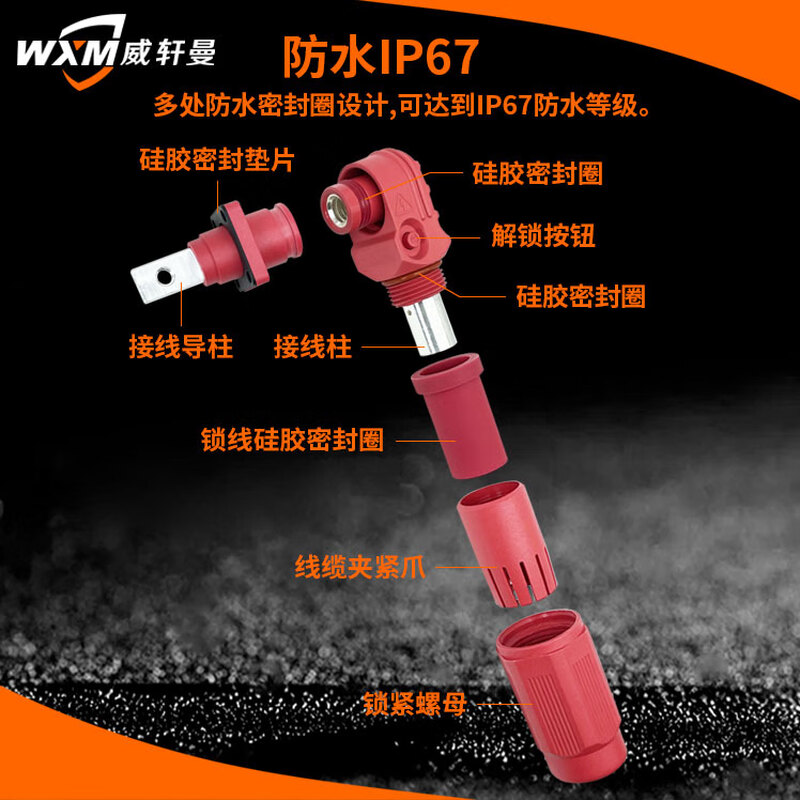 Yue Changsheng 60A-350A high current single core energy storage connector energy storage quick plug connector energy storage waterproof OD6120A/25mm copper bar thread type (through wall black (1 set)