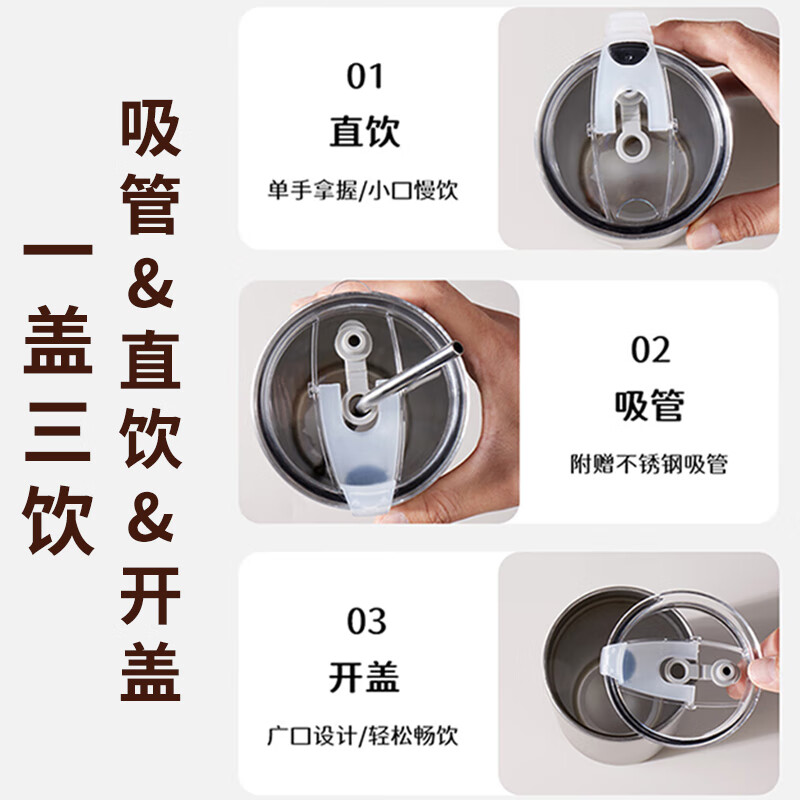 Jingyan Bingba Cup American Coffee Cup 304 Stainless Steel Portable Car Cup Insulated and Locked Cup Straw Water Cup Food Grade Stainless Steel 600ml + Lid + Straw Double-layer Insulation and Cold Keeping | Three Drinks in One Cover | Sealed and Dustproof